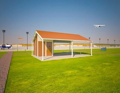 Olympus 1 Shelter Toilet Building with Manor Red and Surf Mist colour scheme